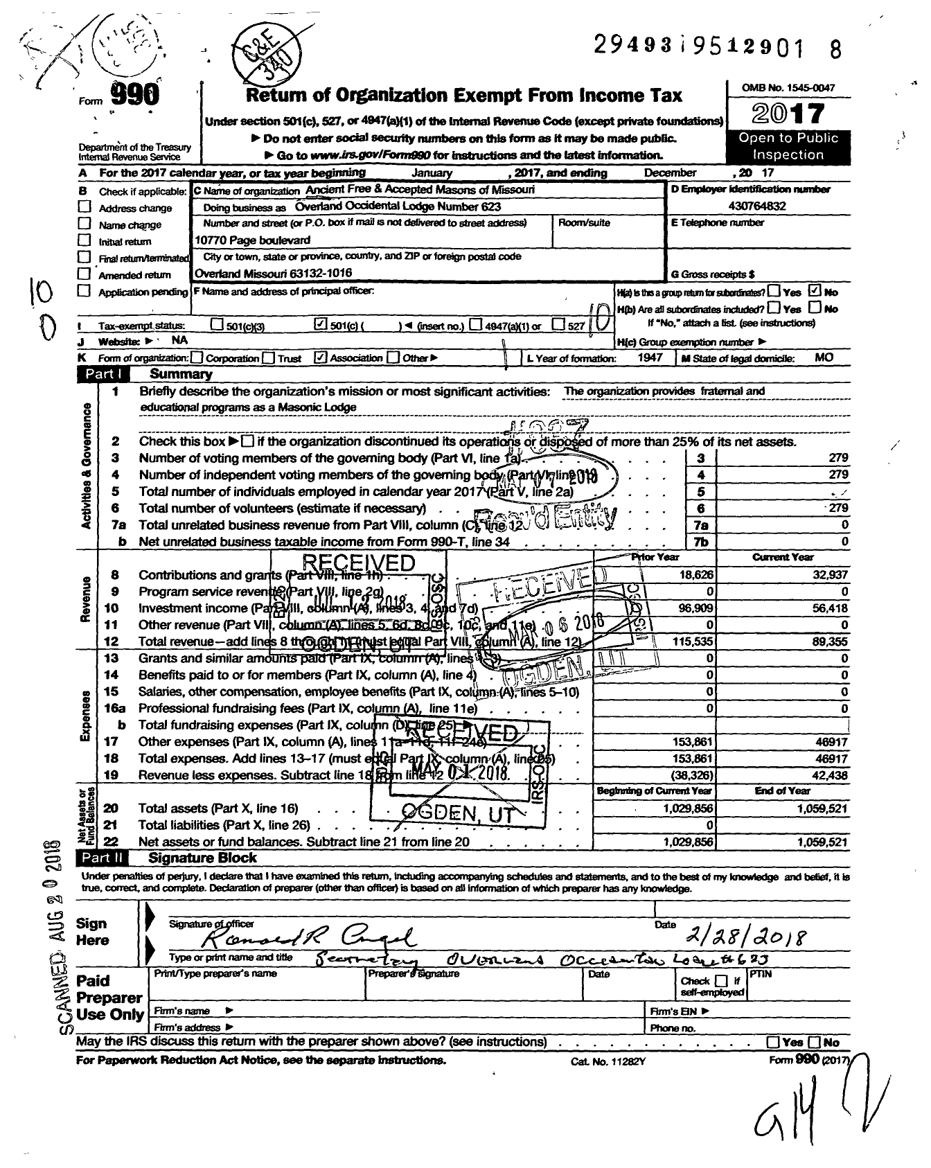 Image of first page of 2017 Form 990O for Ancient Free and Accepted Masons of Missouri - 623 Overland Occidental Lodge