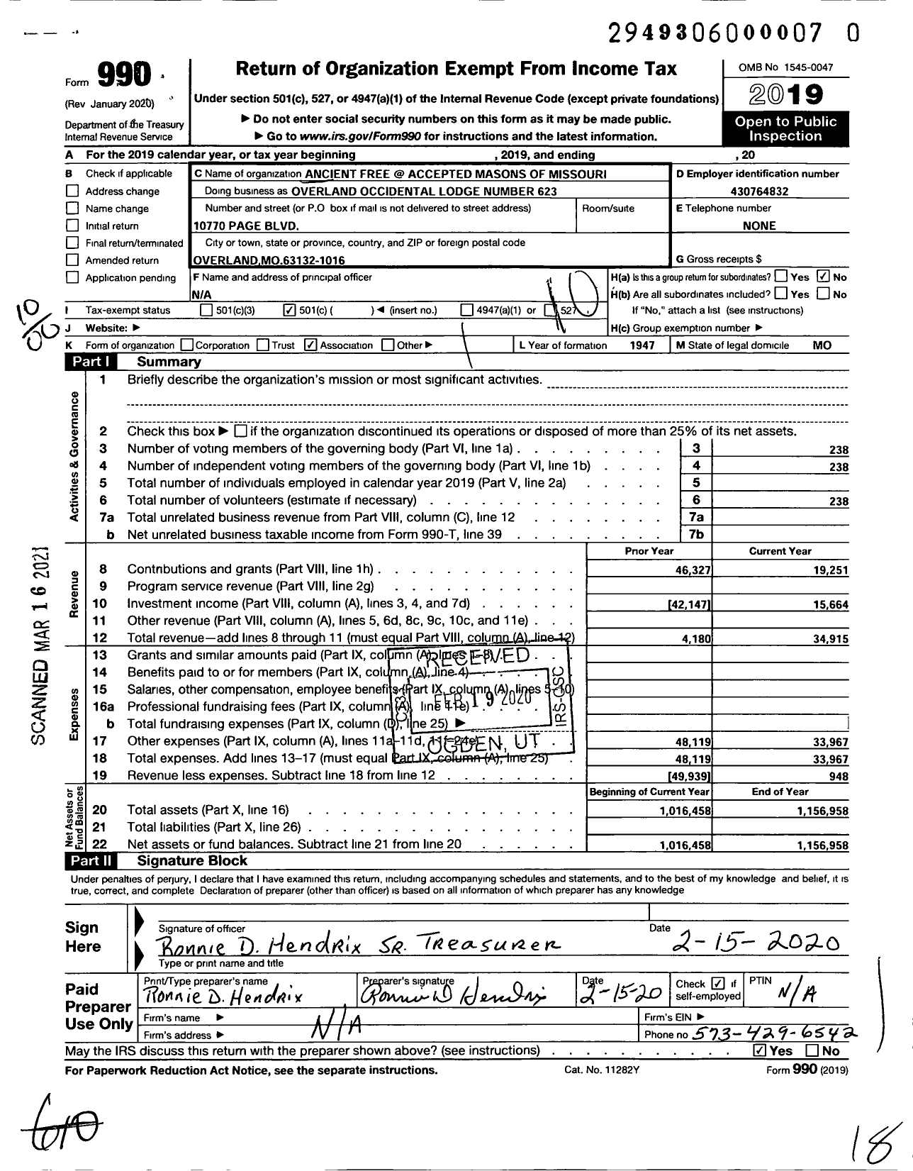 Image of first page of 2019 Form 990O for Ancient Free and Accepted Masons of Missouri - 623 Overland Occidental Lodge