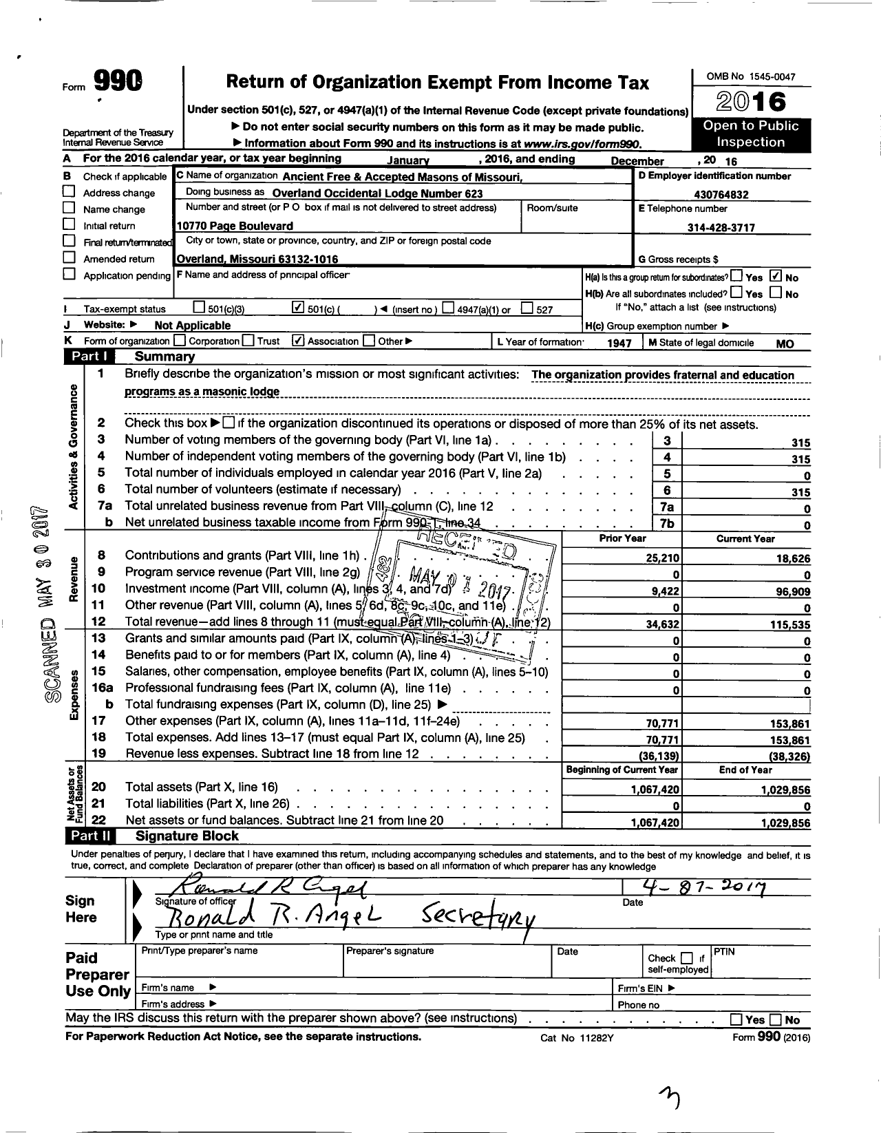 Image of first page of 2016 Form 990O for Ancient Free and Accepted Masons of Missouri - 623 Overland Occidental Lodge