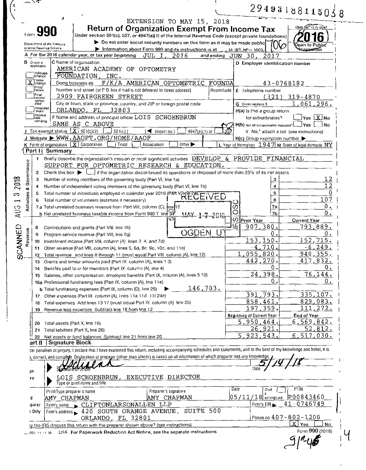 Image of first page of 2016 Form 990 for American Academy of Optometry Foundation