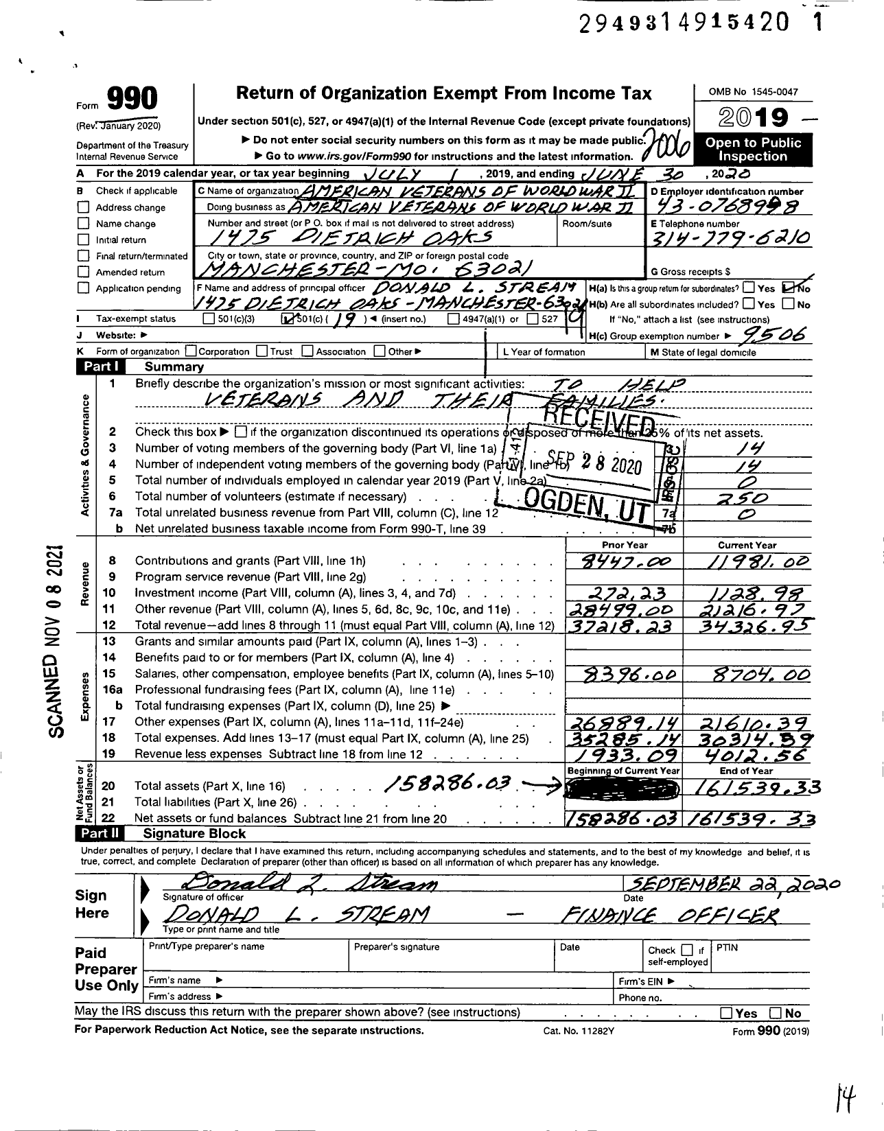 Image of first page of 2019 Form 990O for American Veterans of World War Ii