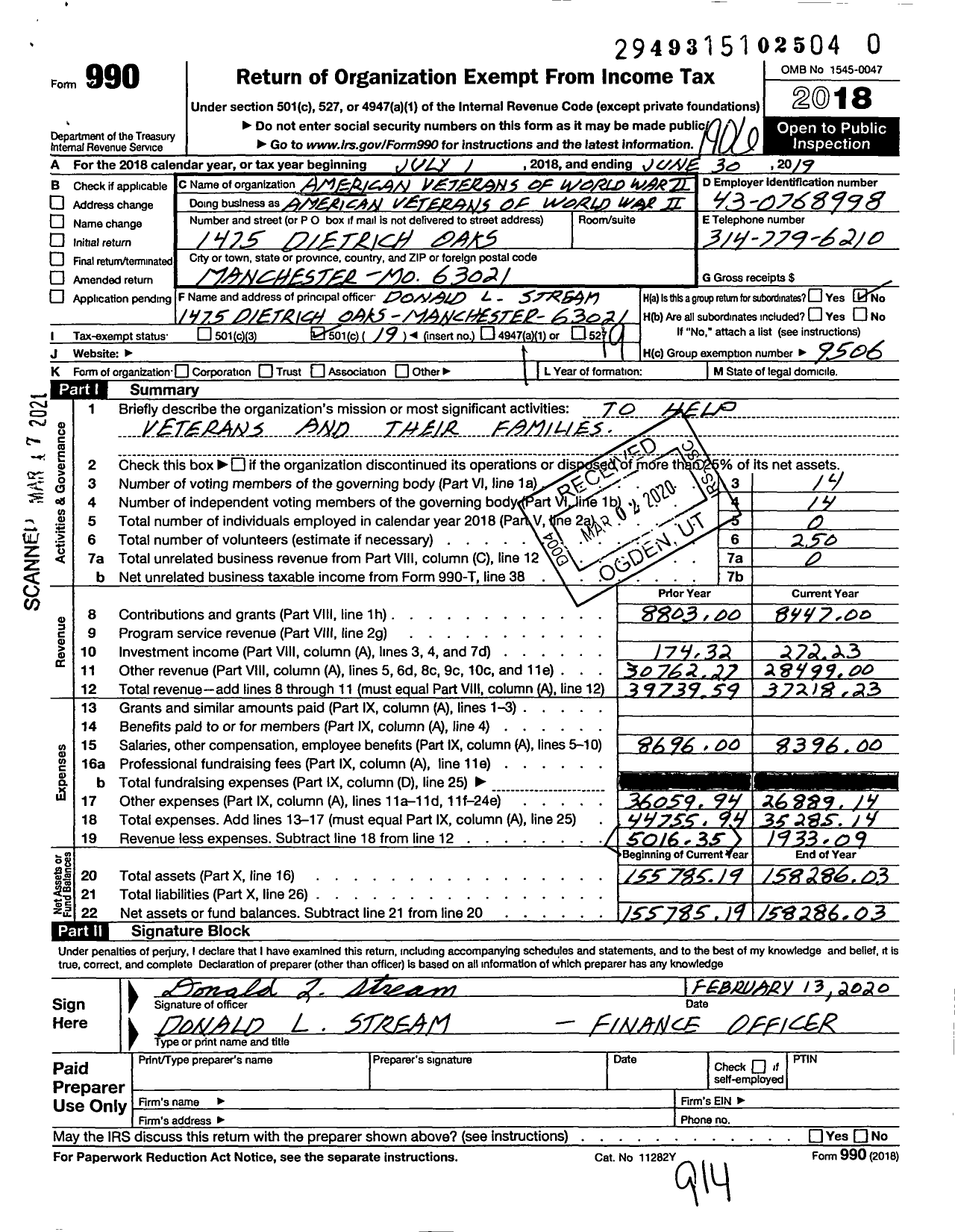 Image of first page of 2018 Form 990O for American Veterans of World War Ii