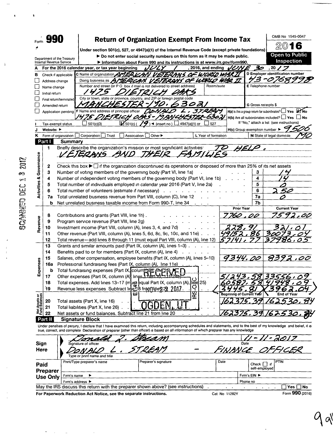 Image of first page of 2016 Form 990O for American Veterans of World War Ii