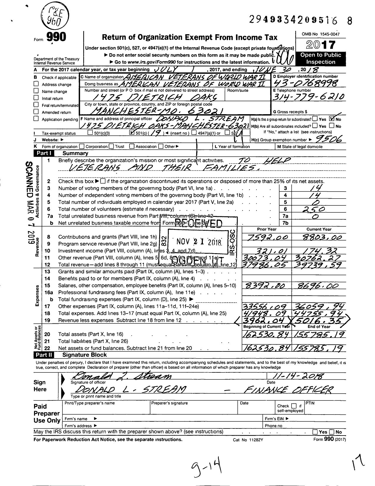 Image of first page of 2017 Form 990O for American Veterans of World War Ii