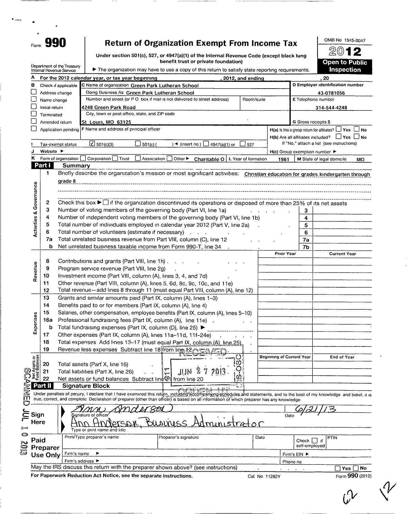 Image of first page of 2012 Form 990 for Green Park Lutheran School