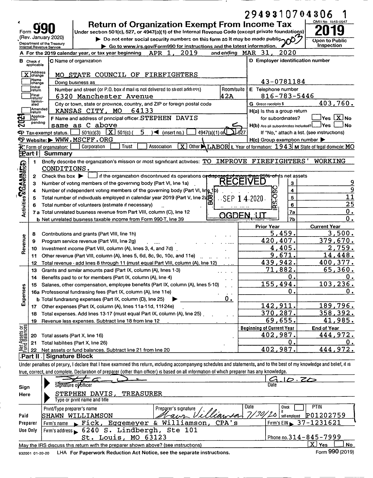 Image of first page of 2019 Form 990O for International Association of Fire Fighters - A0024 Missouri State Council of Fir