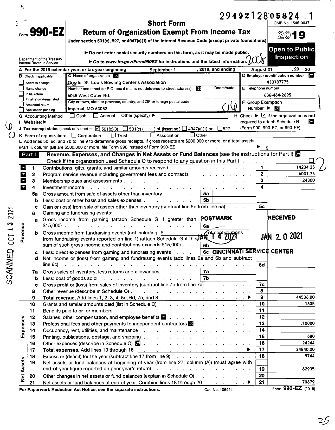 Image of first page of 2019 Form 990EO for Greater St Louis Bowling Proprietors Association