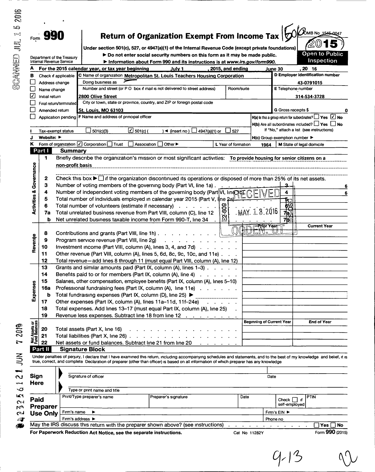 Image of first page of 2014 Form 990O for Metropolitan St Louis Teachers Housing Corporation