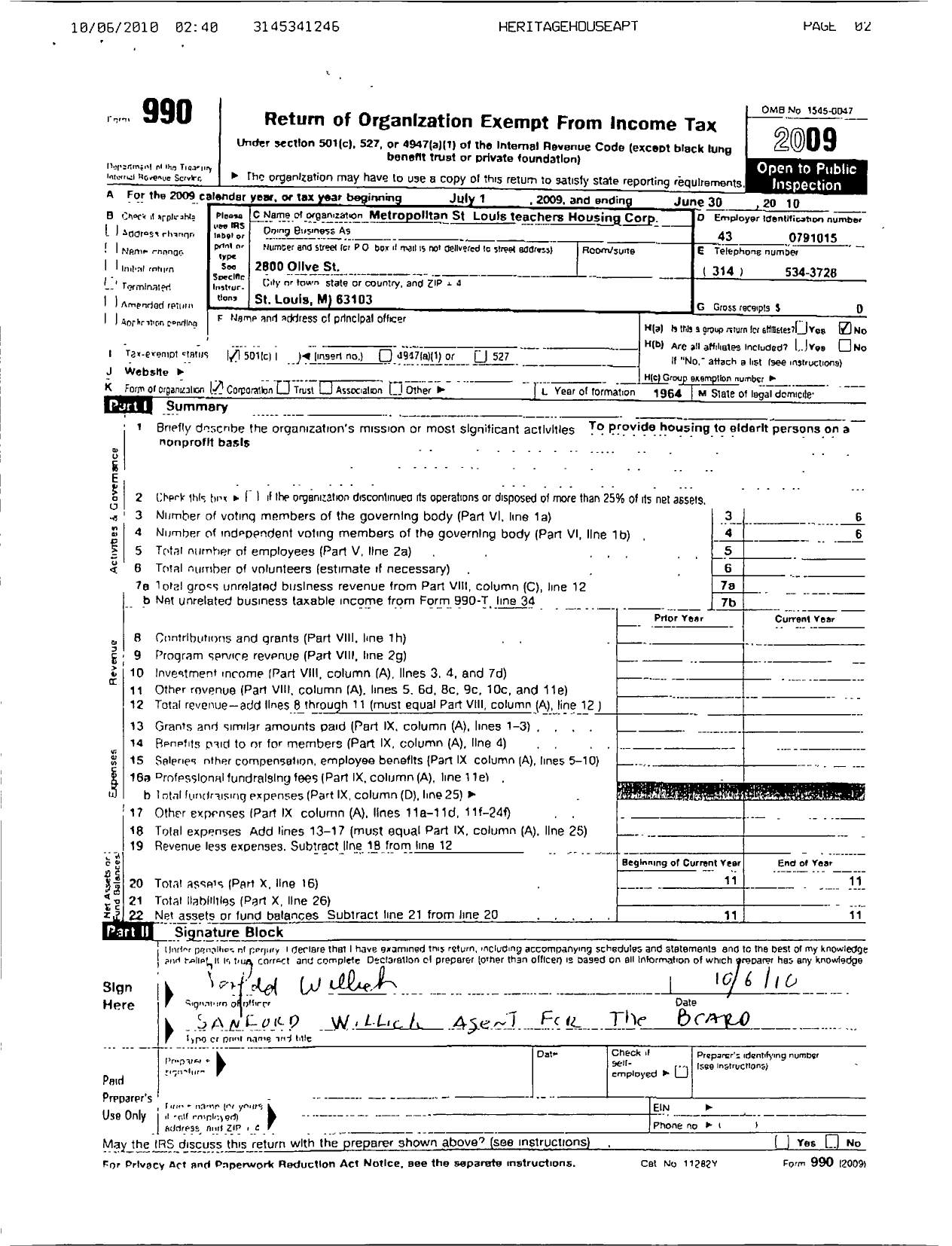 Image of first page of 2009 Form 990OR for Metropolitan St Louis Teachers Housing Corporation