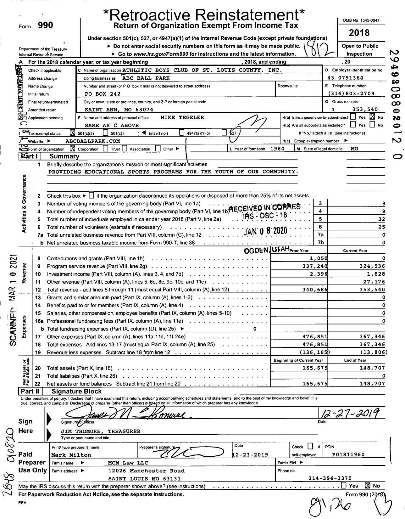 Image of first page of 2018 Form 990 for Abc Ball Park