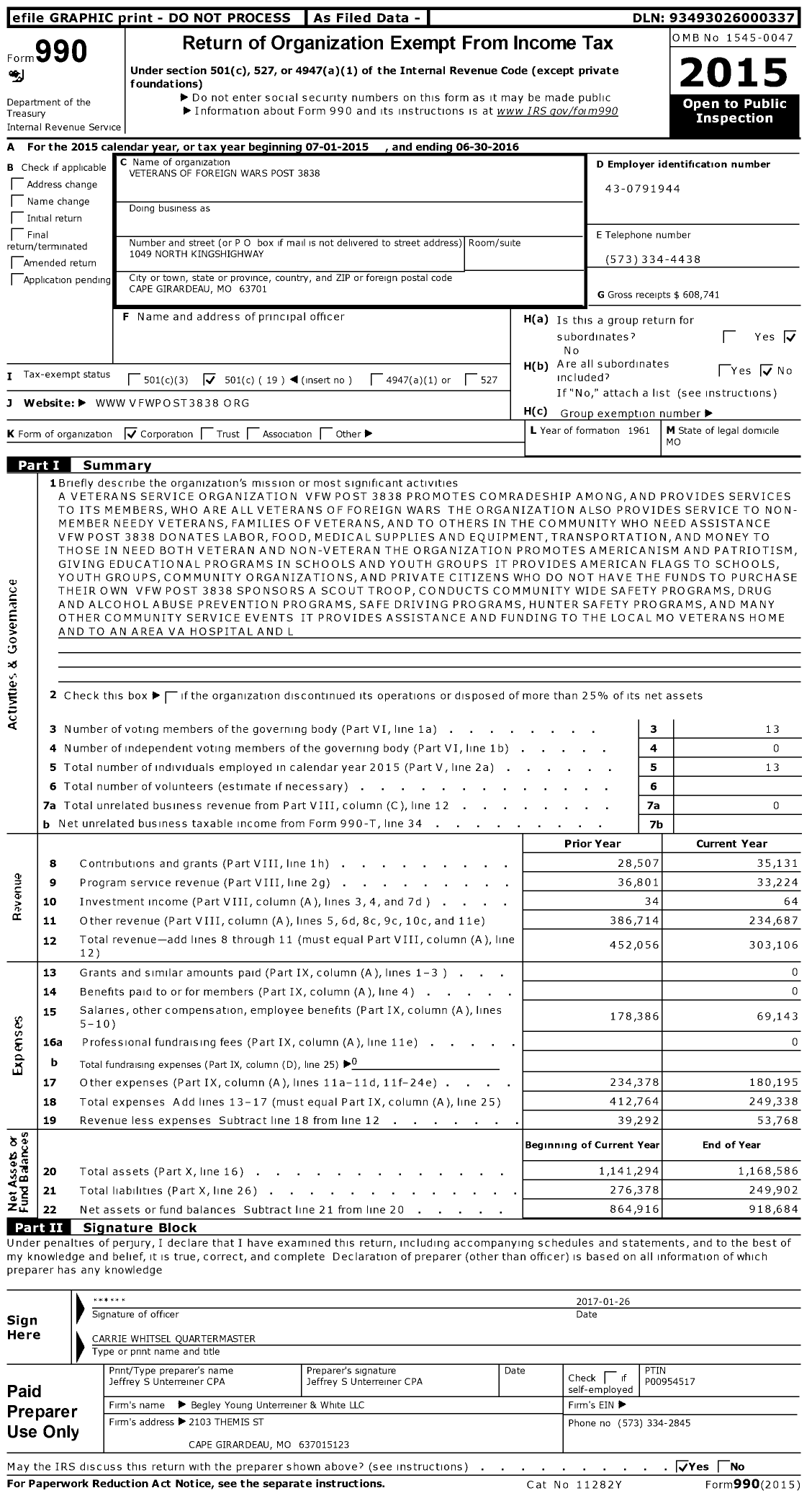 Image of first page of 2015 Form 990O for VFW Missouri - 3838 VFW Post