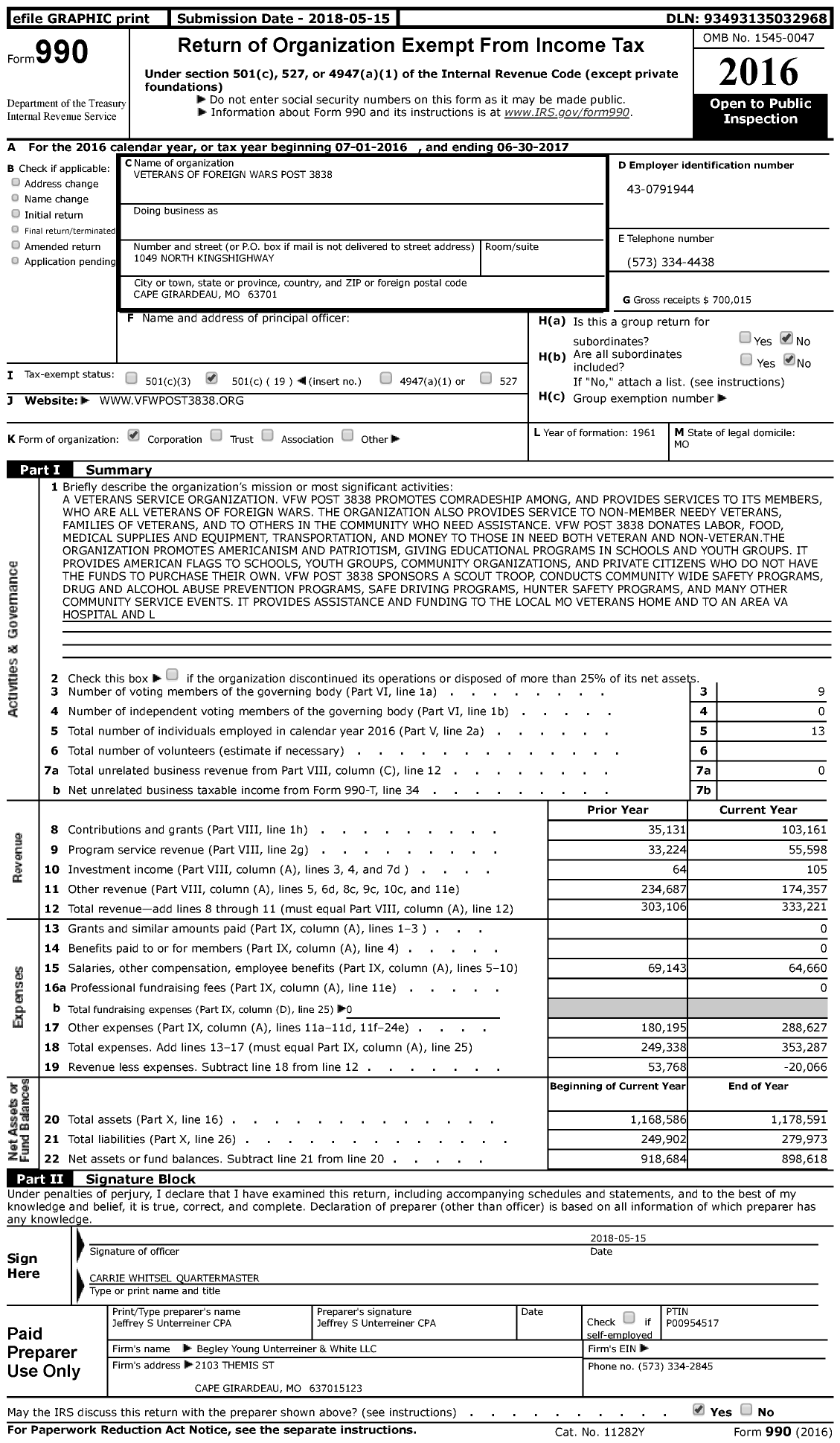 Image of first page of 2016 Form 990 for VFW Missouri - 3838 VFW Post