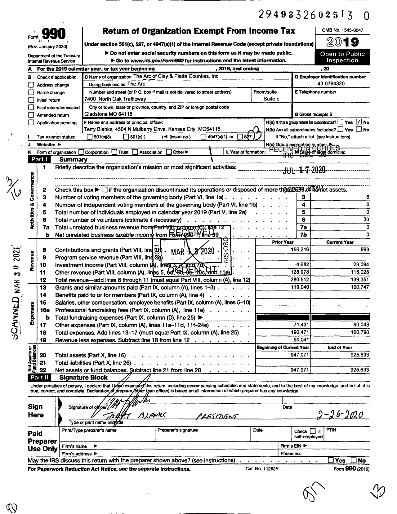 Image of first page of 2019 Form 990 for Arc of Clay and Platte Counties