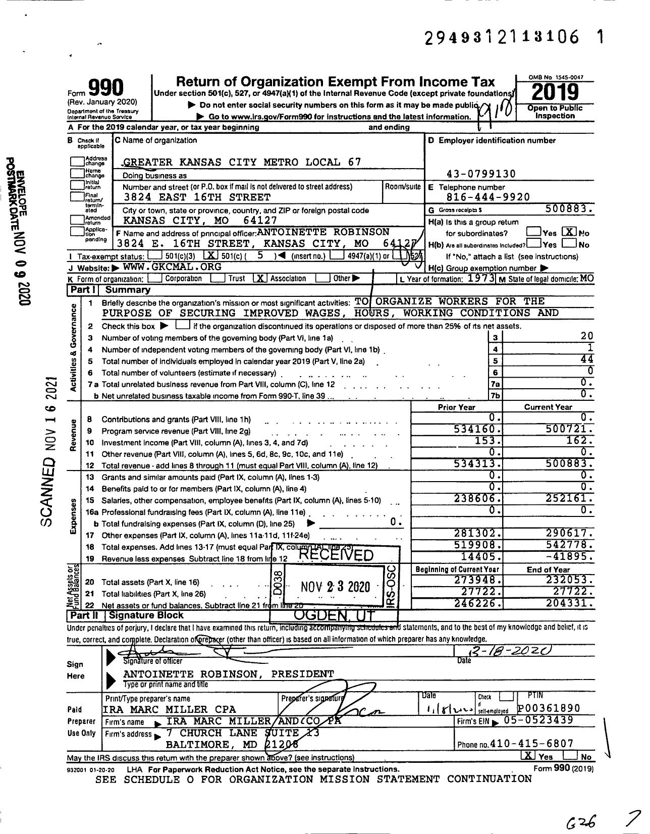 Image of first page of 2019 Form 990O for AMERICAN POSTAL WORKERS UNION - 67 Greater K C Metro Area Local