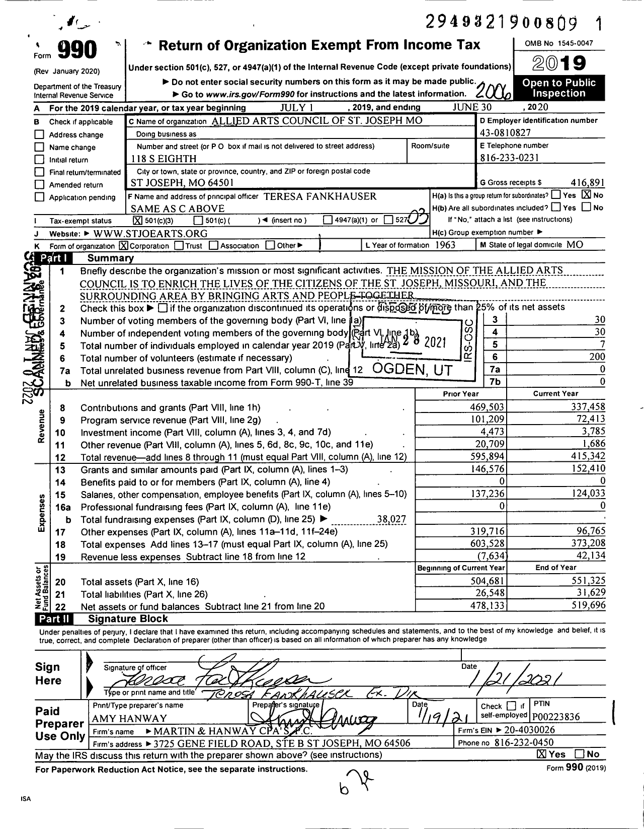 Image of first page of 2019 Form 990 for Allied Arts Council of St Joseph Missouri