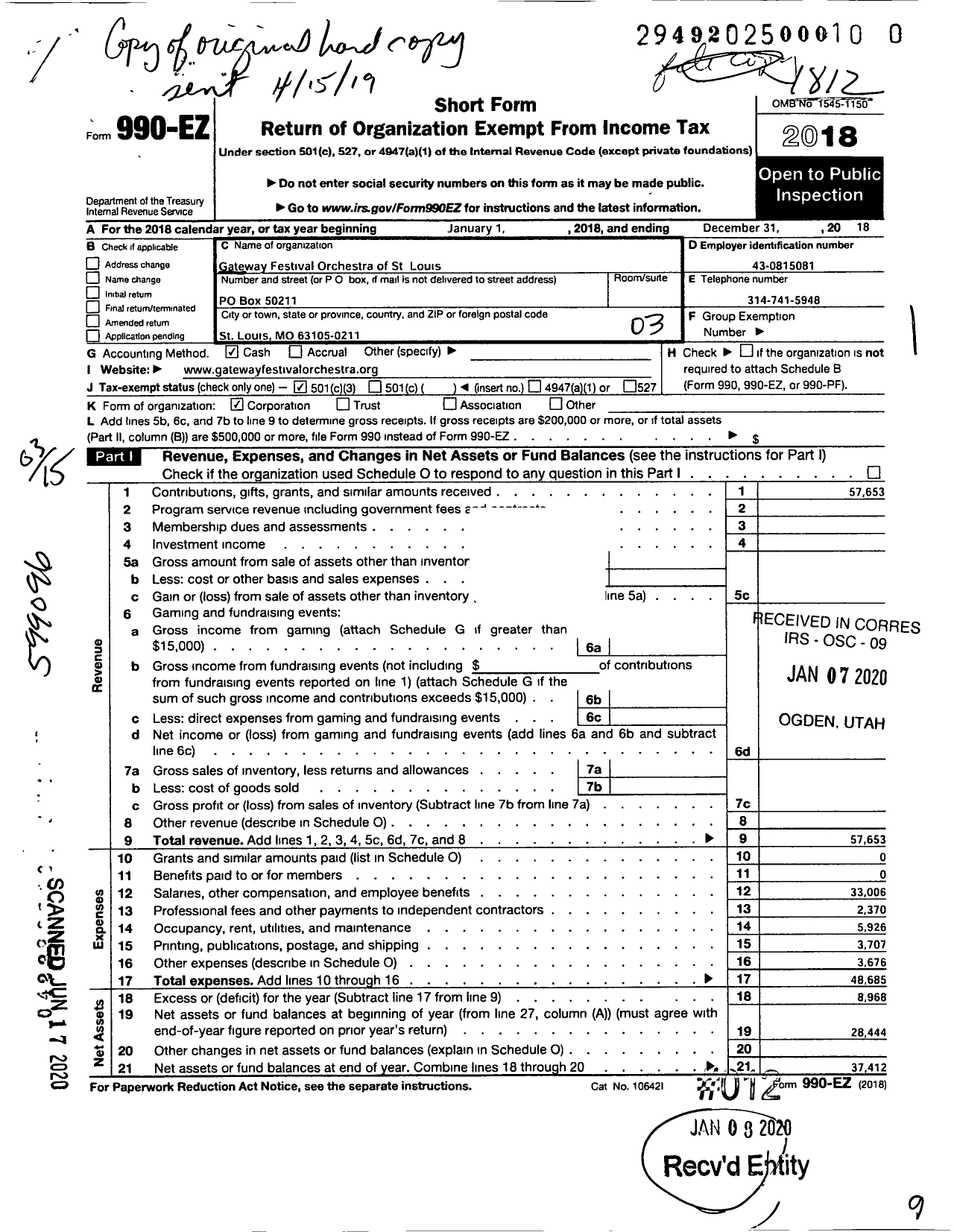 Image of first page of 2018 Form 990EZ for Gateway Festival Orchestra of St Louis