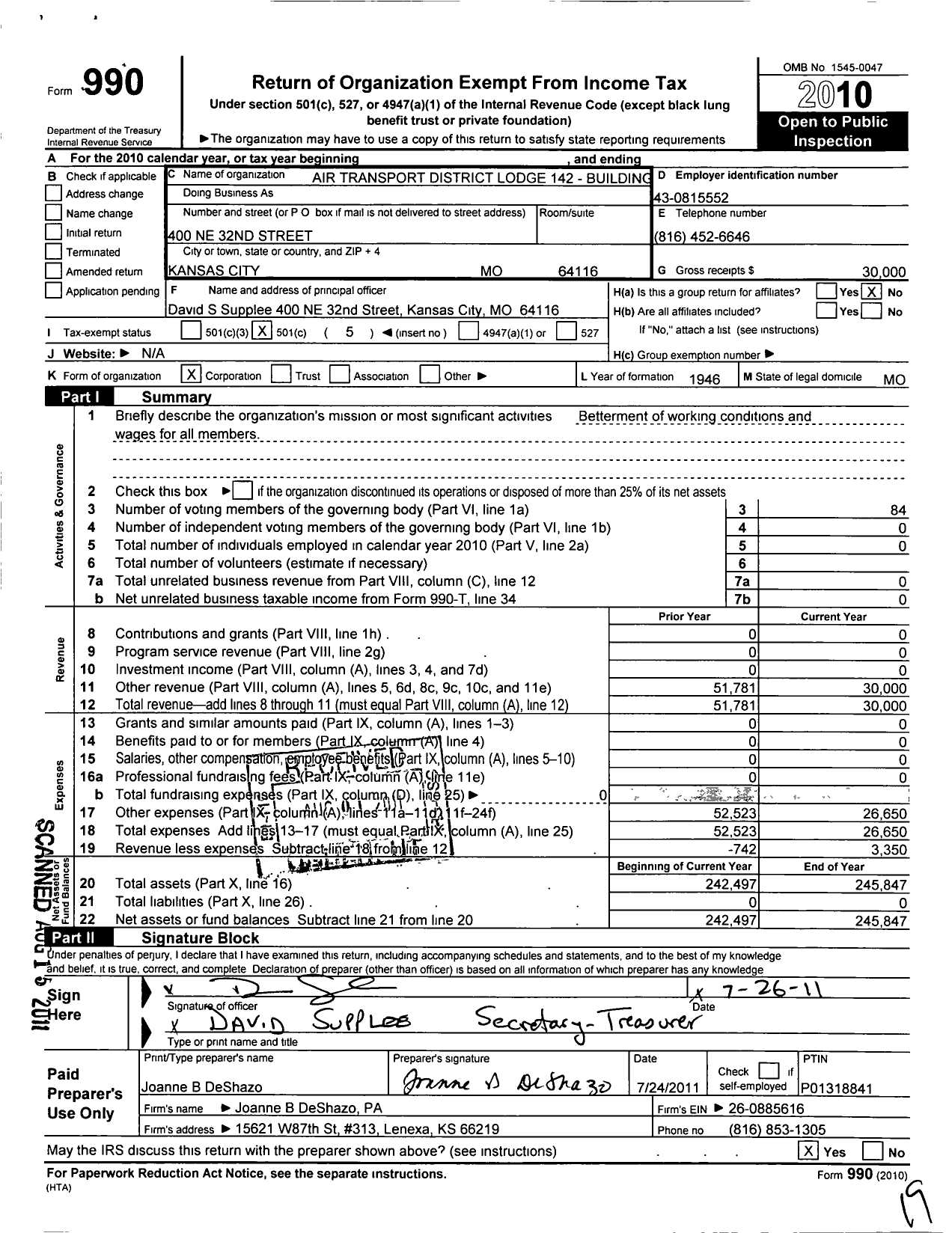 Image of first page of 2010 Form 990O for International Association of Machinists and Aerospace Workers - Air Transport District 142 Building Corporation