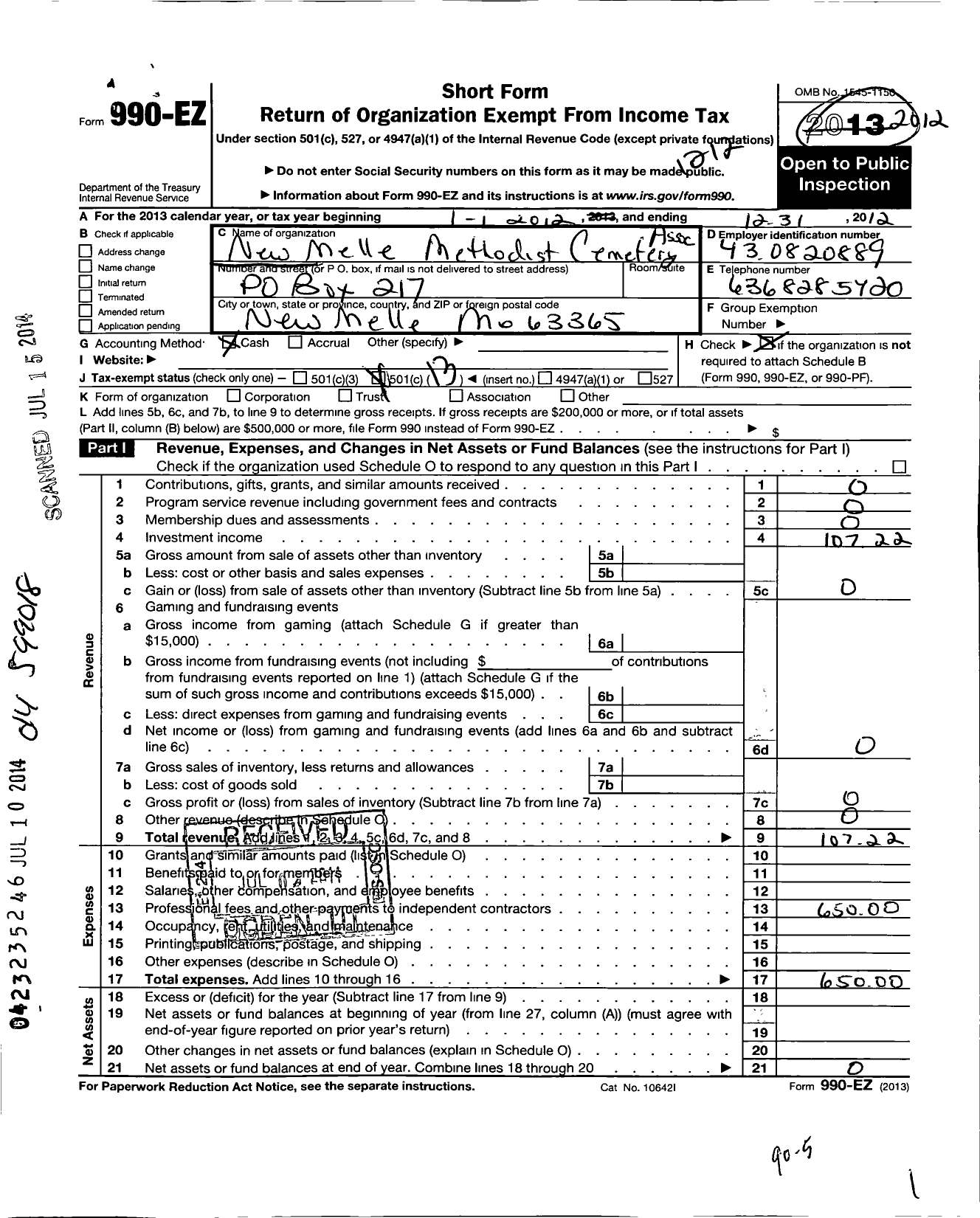 Image of first page of 2012 Form 990EO for New Melle Methodist Cemetery Association