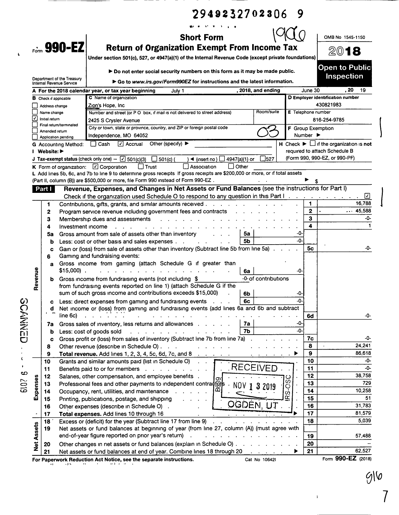 Image of first page of 2018 Form 990EZ for Zions Hope