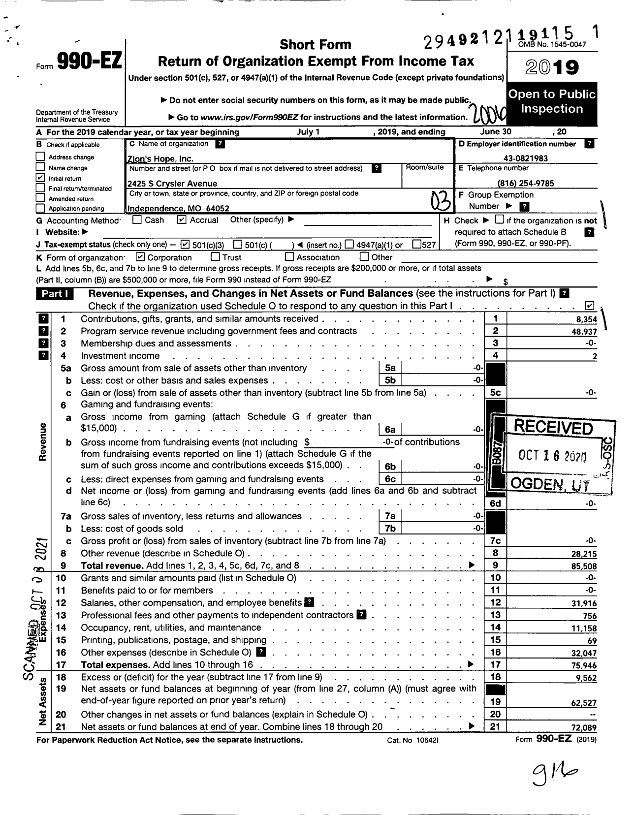 Image of first page of 2019 Form 990EZ for Zions Hope