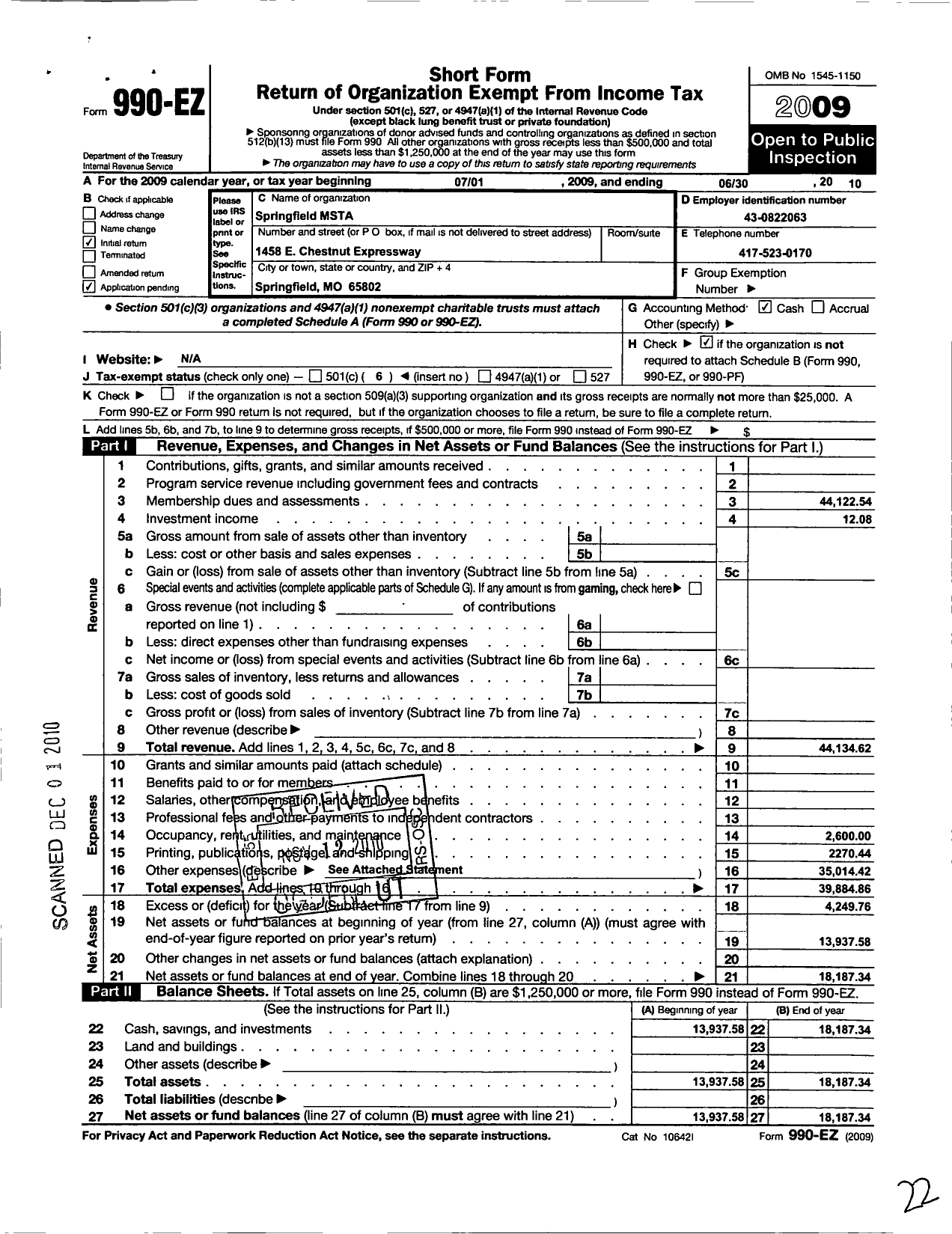 Image of first page of 2009 Form 990EO for Springfield Msta