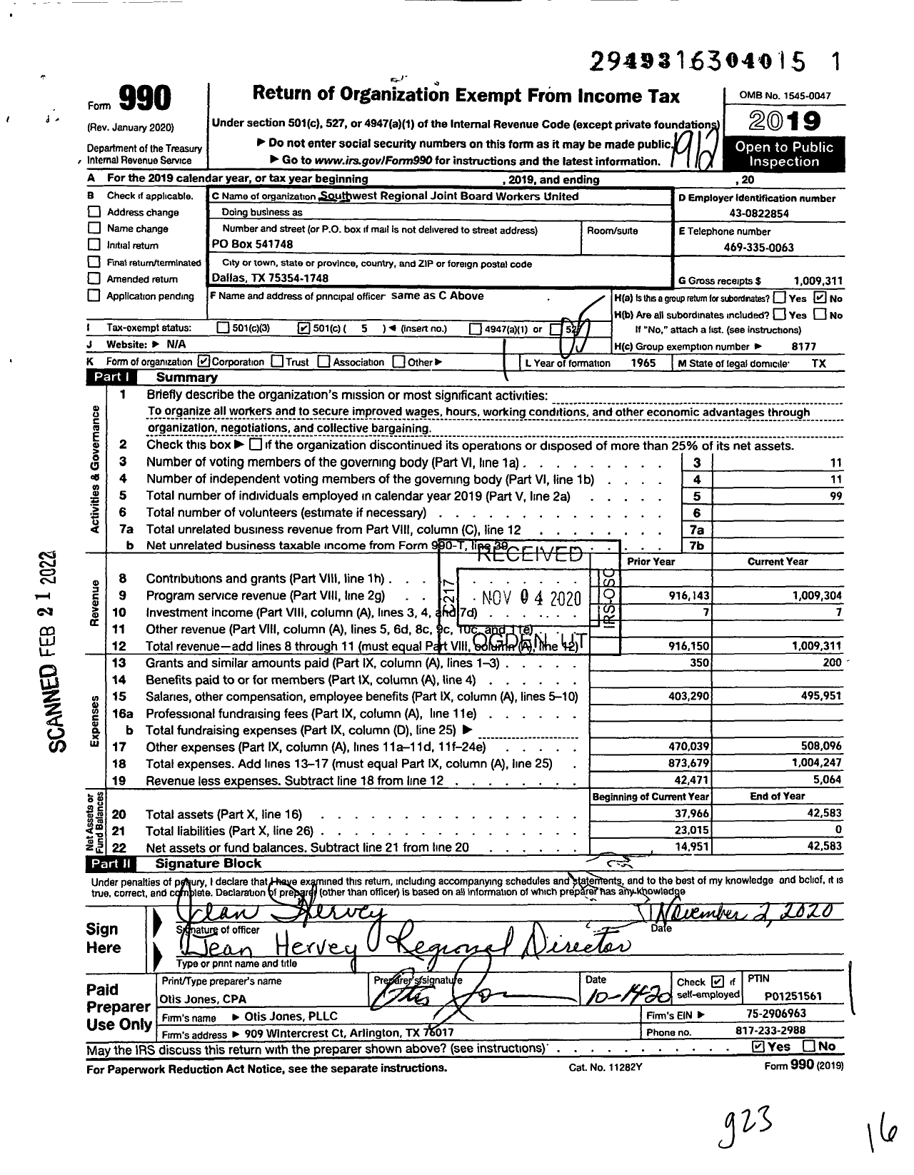 Image of first page of 2019 Form 990O for Workers United - Southwest Region Joint Board