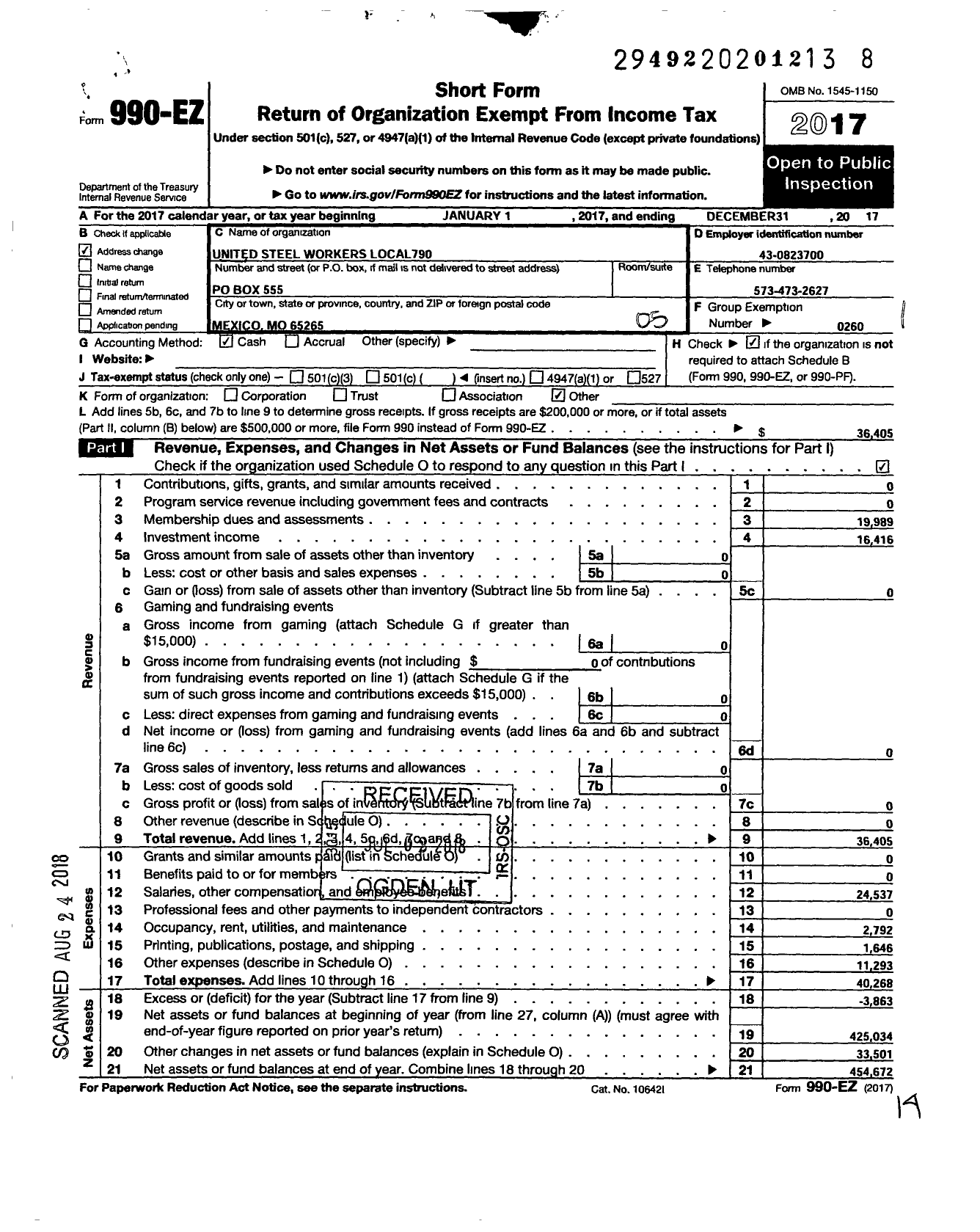 Image of first page of 2017 Form 990EO for United Steelworkers