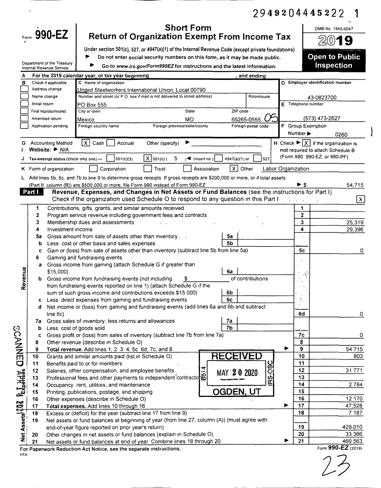 Image of first page of 2019 Form 990EO for United Steelworkers