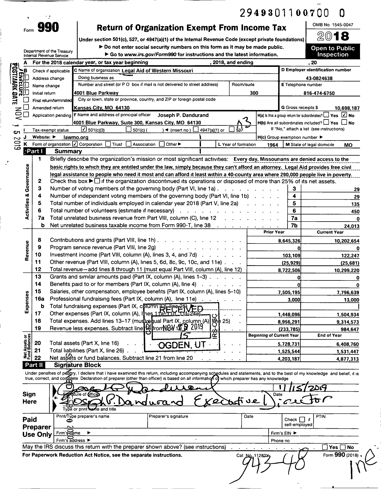 Image of first page of 2018 Form 990 for Legal Aid of Western Missouri