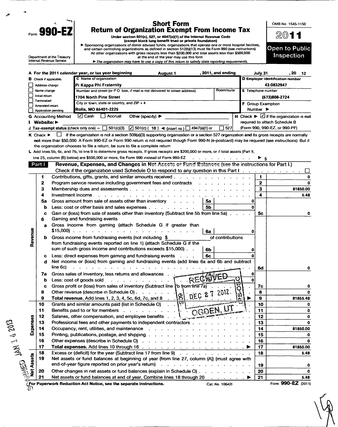 Image of first page of 2011 Form 990EO for Pi Kappa Phi Fraternity - Gamma Lambda Chapter