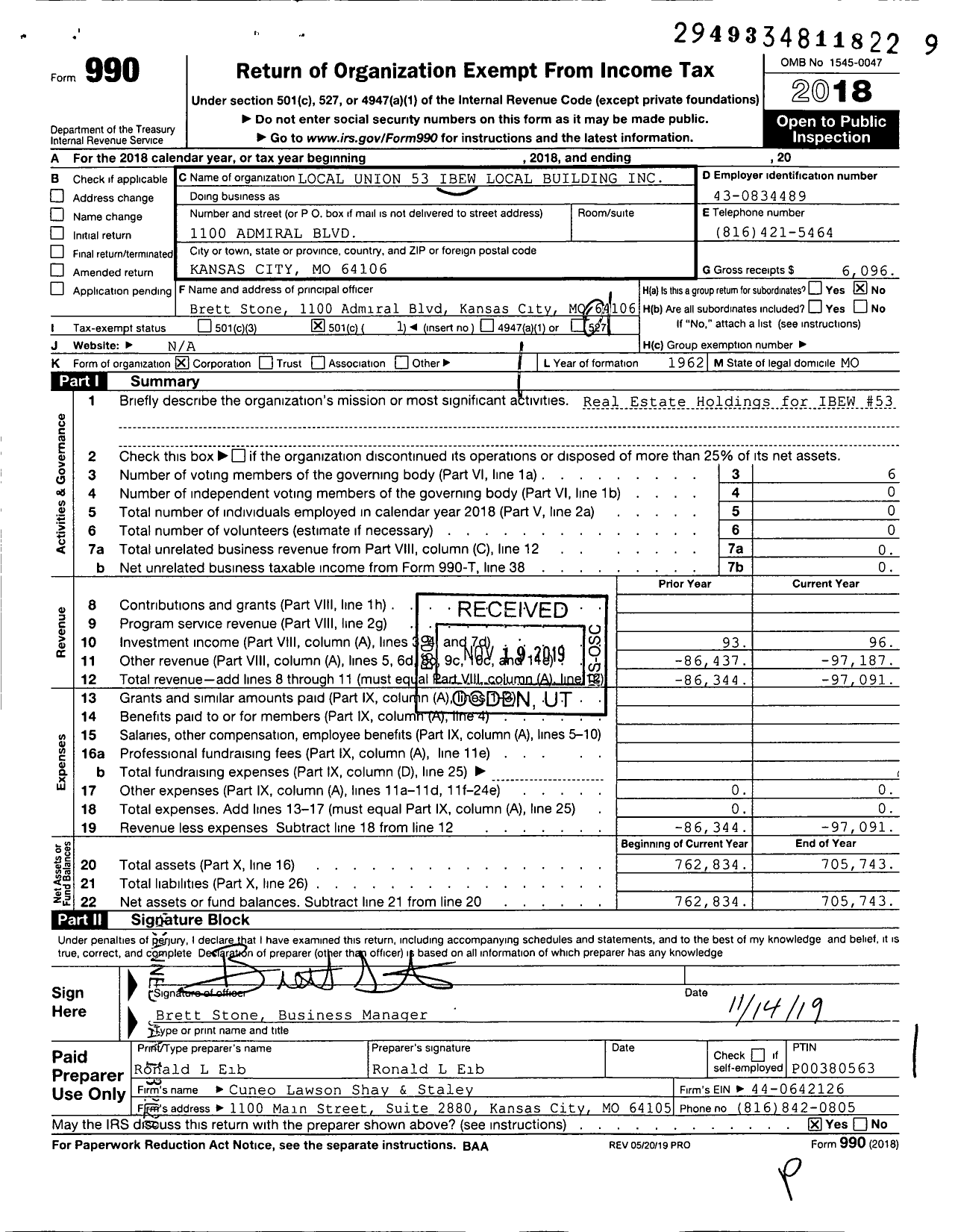 Image of first page of 2018 Form 990O for International Brotherhood of Electrical Workers - 0053 Local Union Building