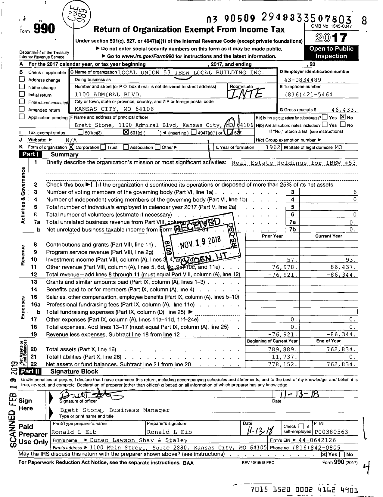 Image of first page of 2017 Form 990O for International Brotherhood of Electrical Workers - 0053 Local Union Building