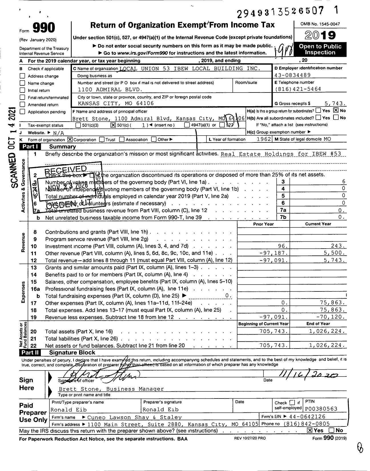 Image of first page of 2019 Form 990O for International Brotherhood of Electrical Workers - 0053 Local Union Building