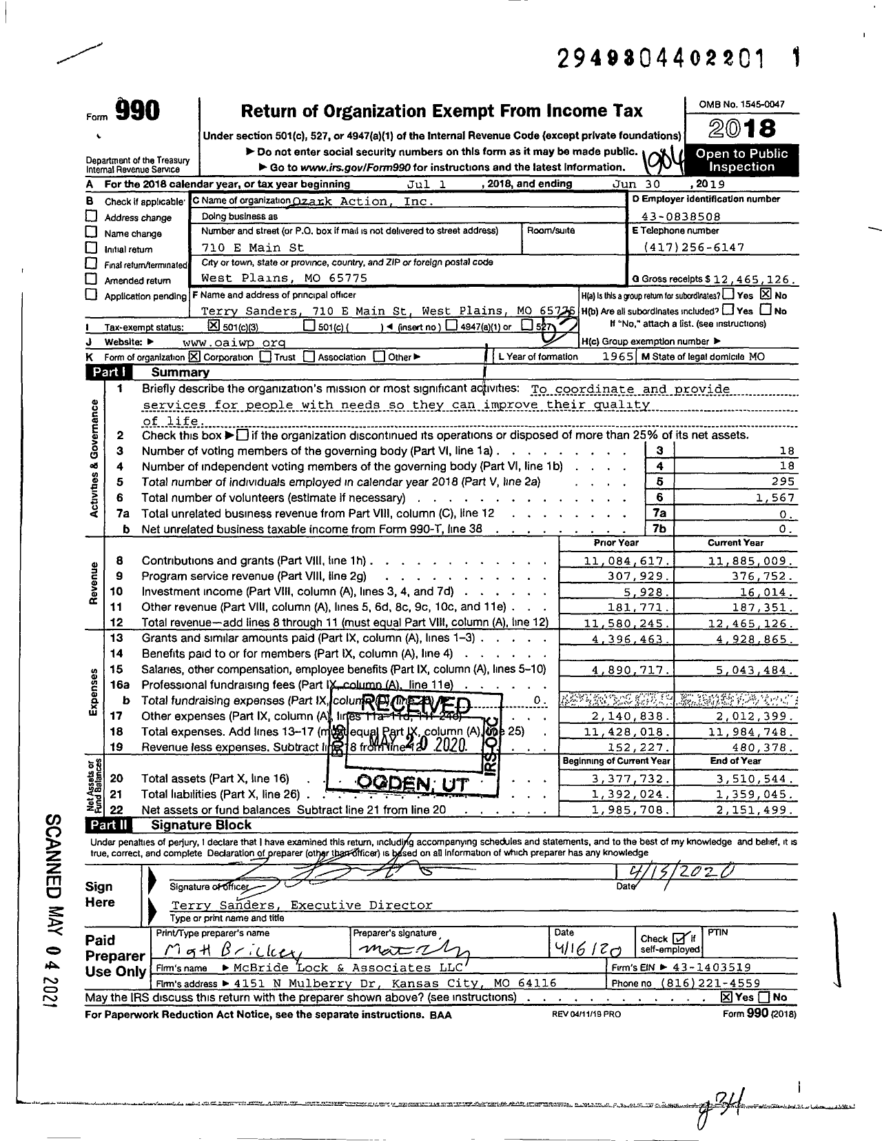 Image of first page of 2018 Form 990 for Ozark Action