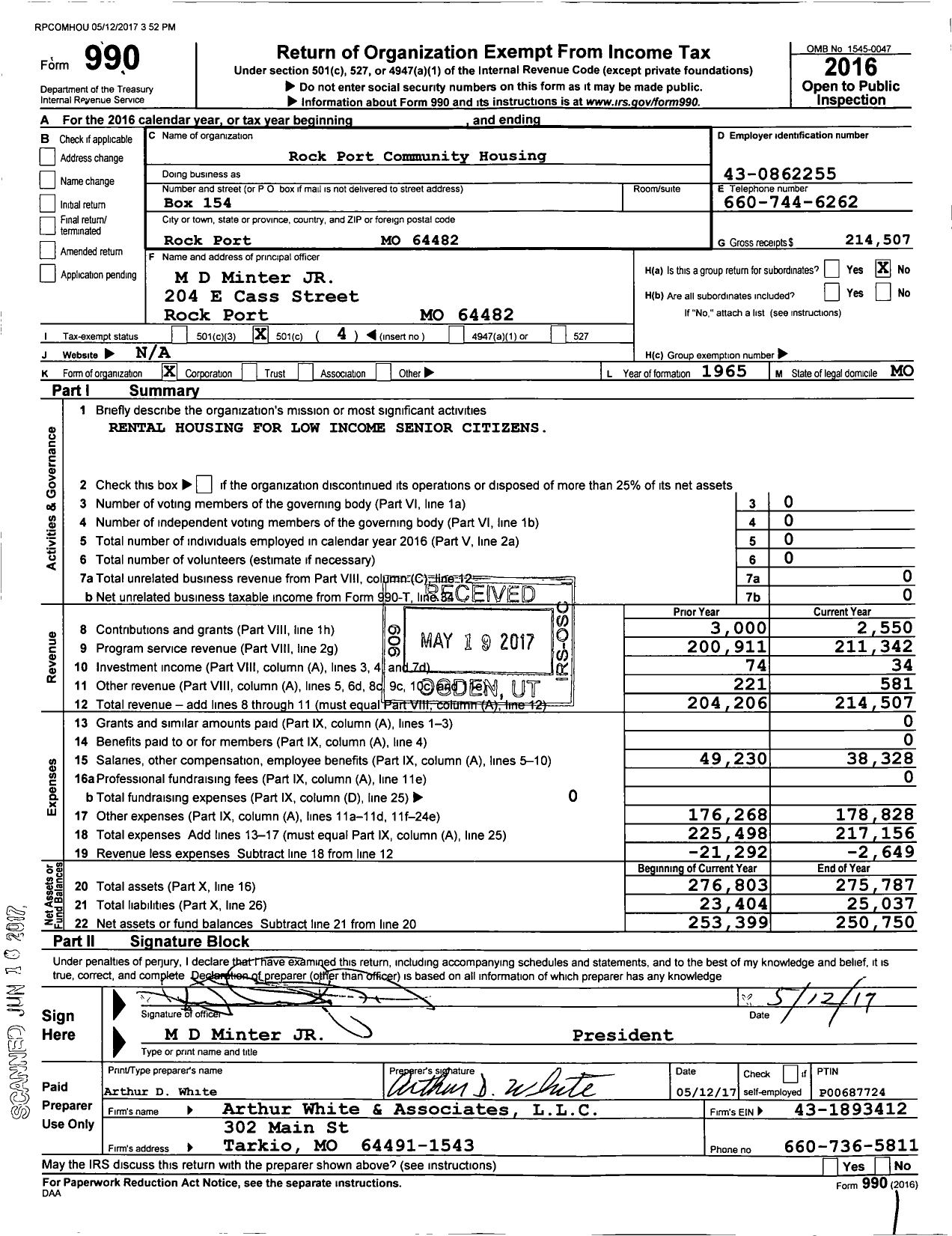 Image of first page of 2016 Form 990O for Rock Port Community Housing