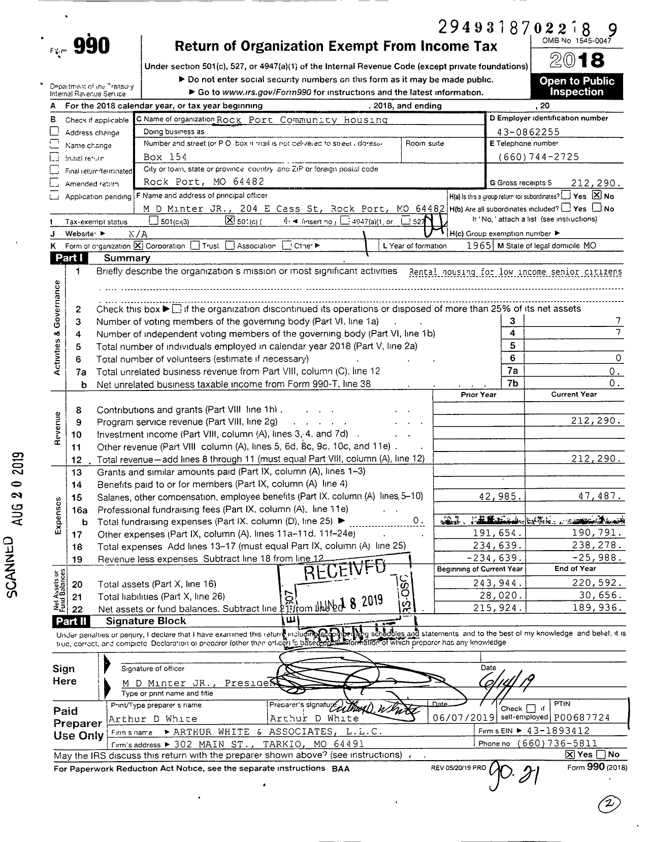 Image of first page of 2018 Form 990O for Rock Port Community Housing