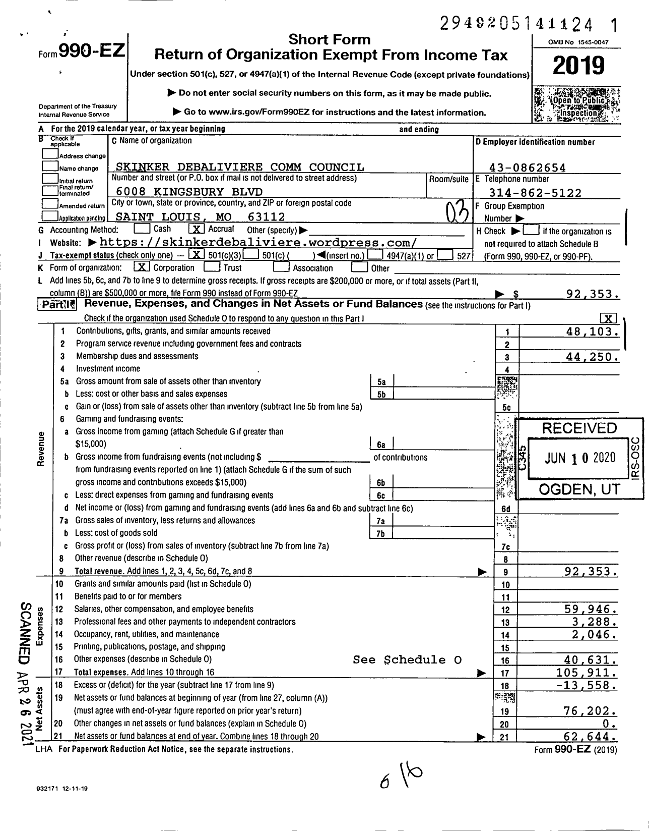 Image of first page of 2019 Form 990EZ for Skinker Debaliviere Comm Council