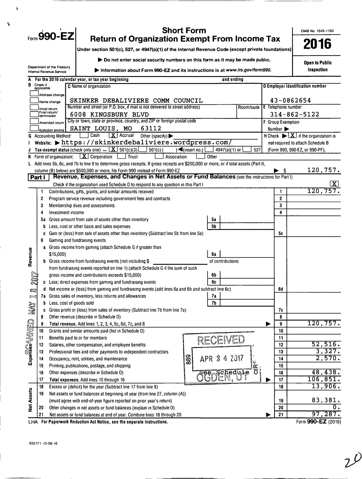 Image of first page of 2016 Form 990EZ for Skinker Debaliviere Comm Council