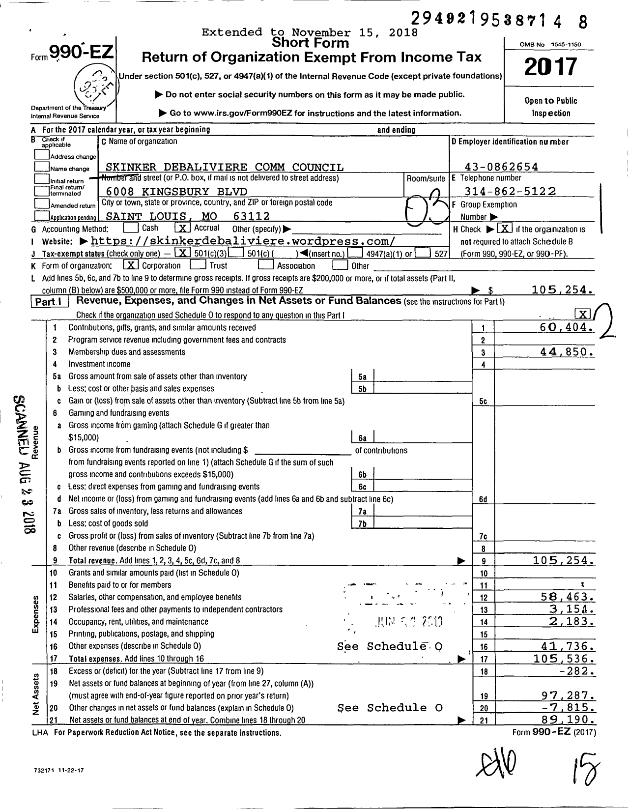 Image of first page of 2017 Form 990EZ for Skinker Debaliviere Comm Council