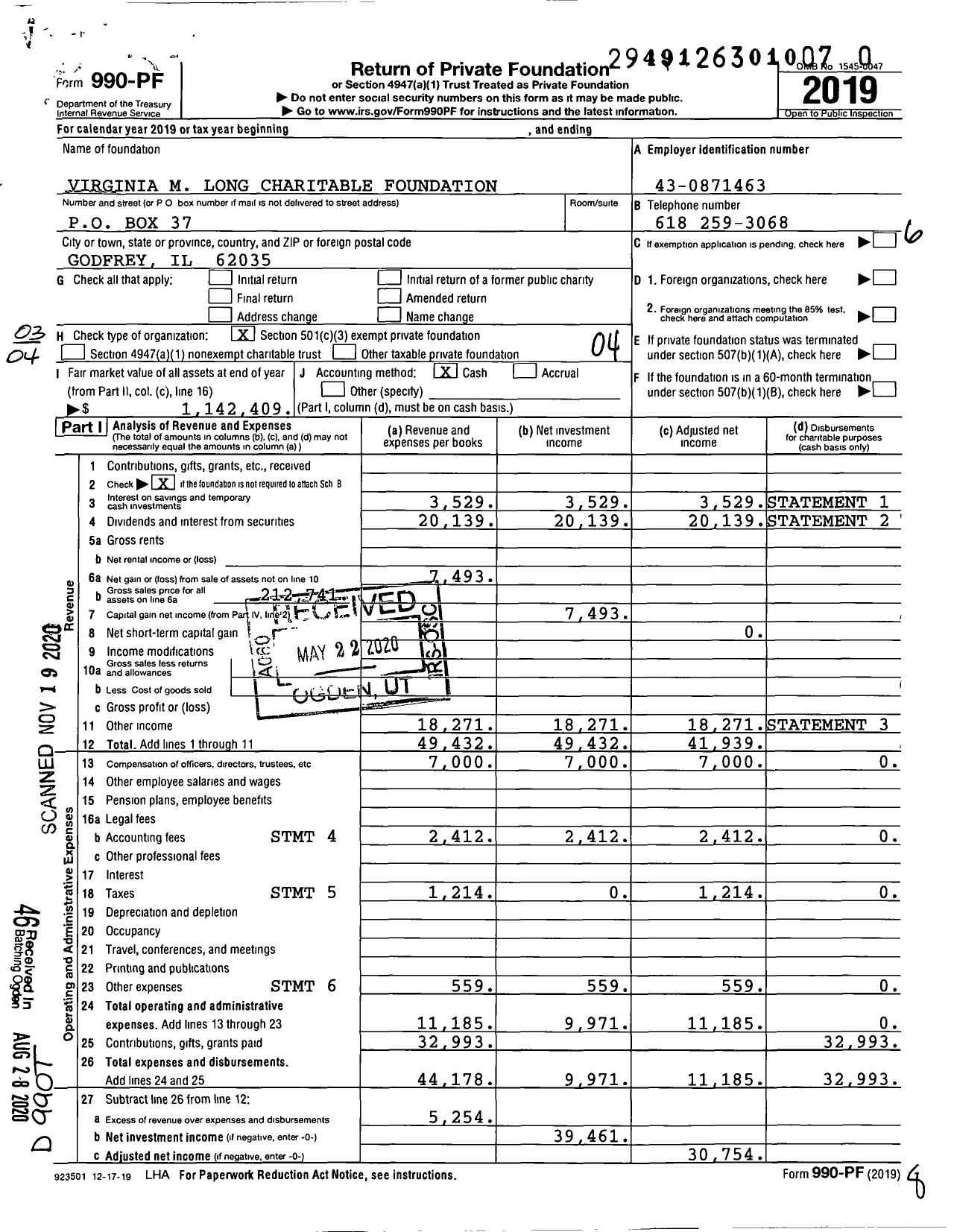 Image of first page of 2019 Form 990PF for Virginia M Long Charitable Foundation