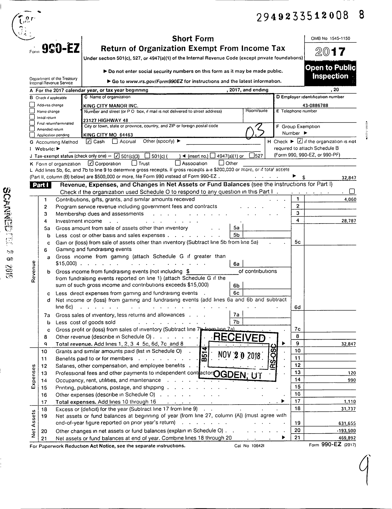 Image of first page of 2017 Form 990EZ for King City Manor 300 West Fairview