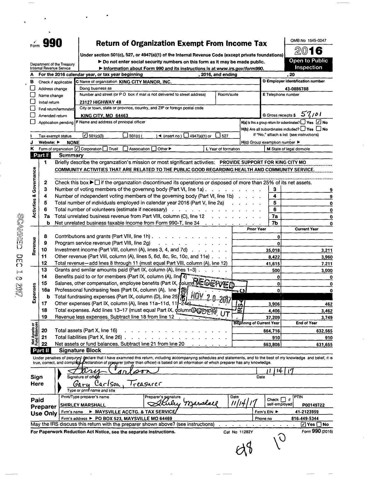 Image of first page of 2016 Form 990 for King City Manor 300 West Fairview