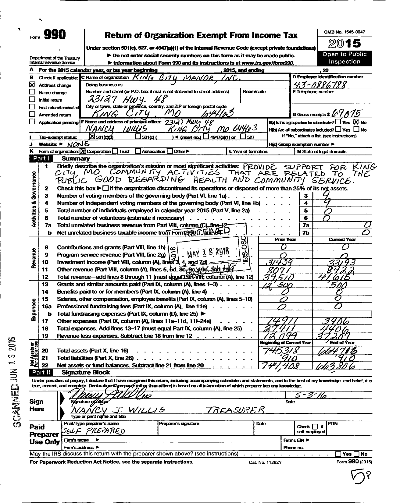 Image of first page of 2015 Form 990 for King City Manor 300 West Fairview