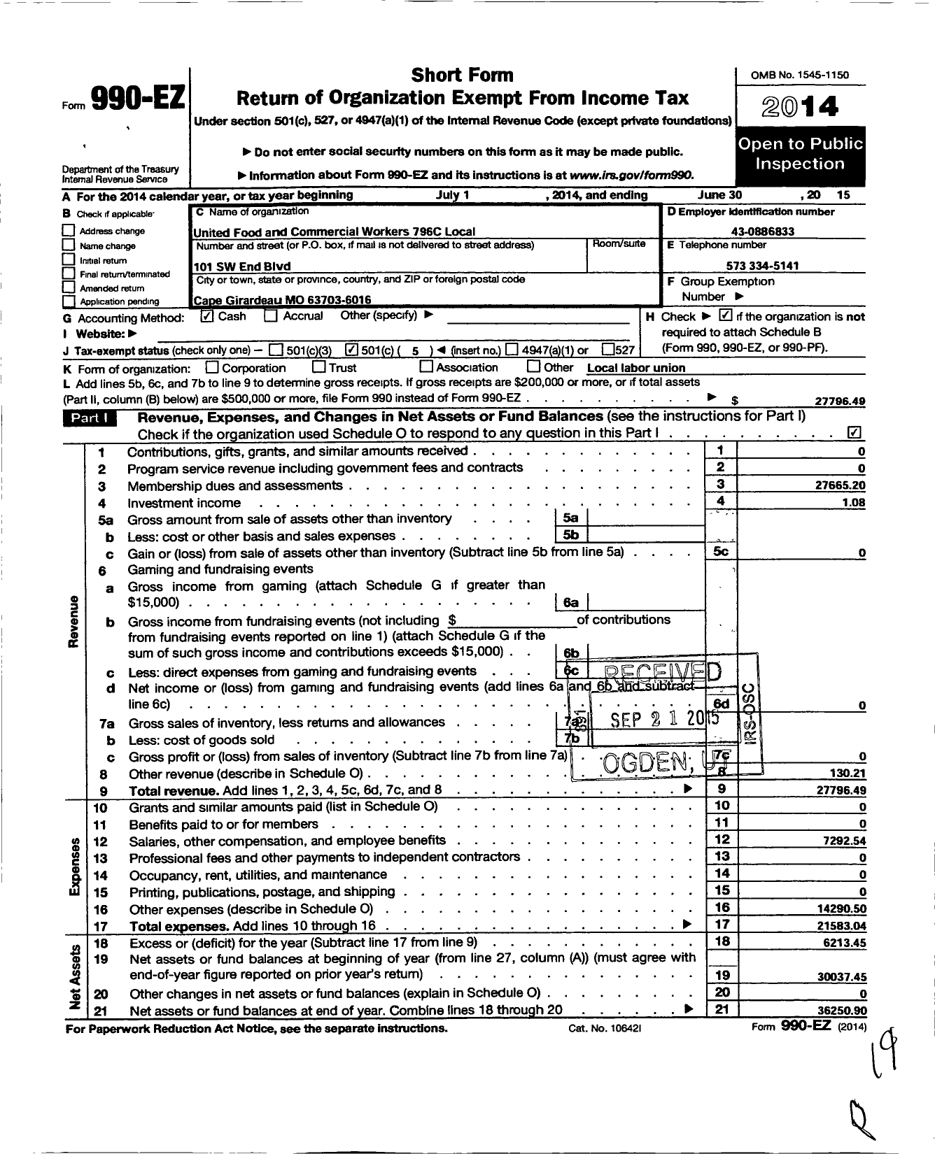 Image of first page of 2014 Form 990EO for United Food & Commercial Workers Union - 796c Local