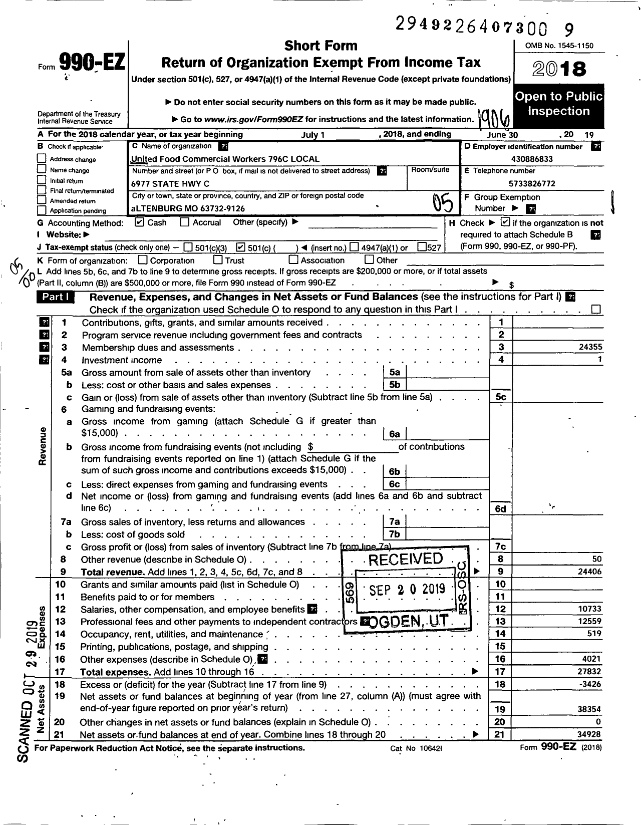 Image of first page of 2018 Form 990EO for United Food & Commercial Workers Union - 796c Local