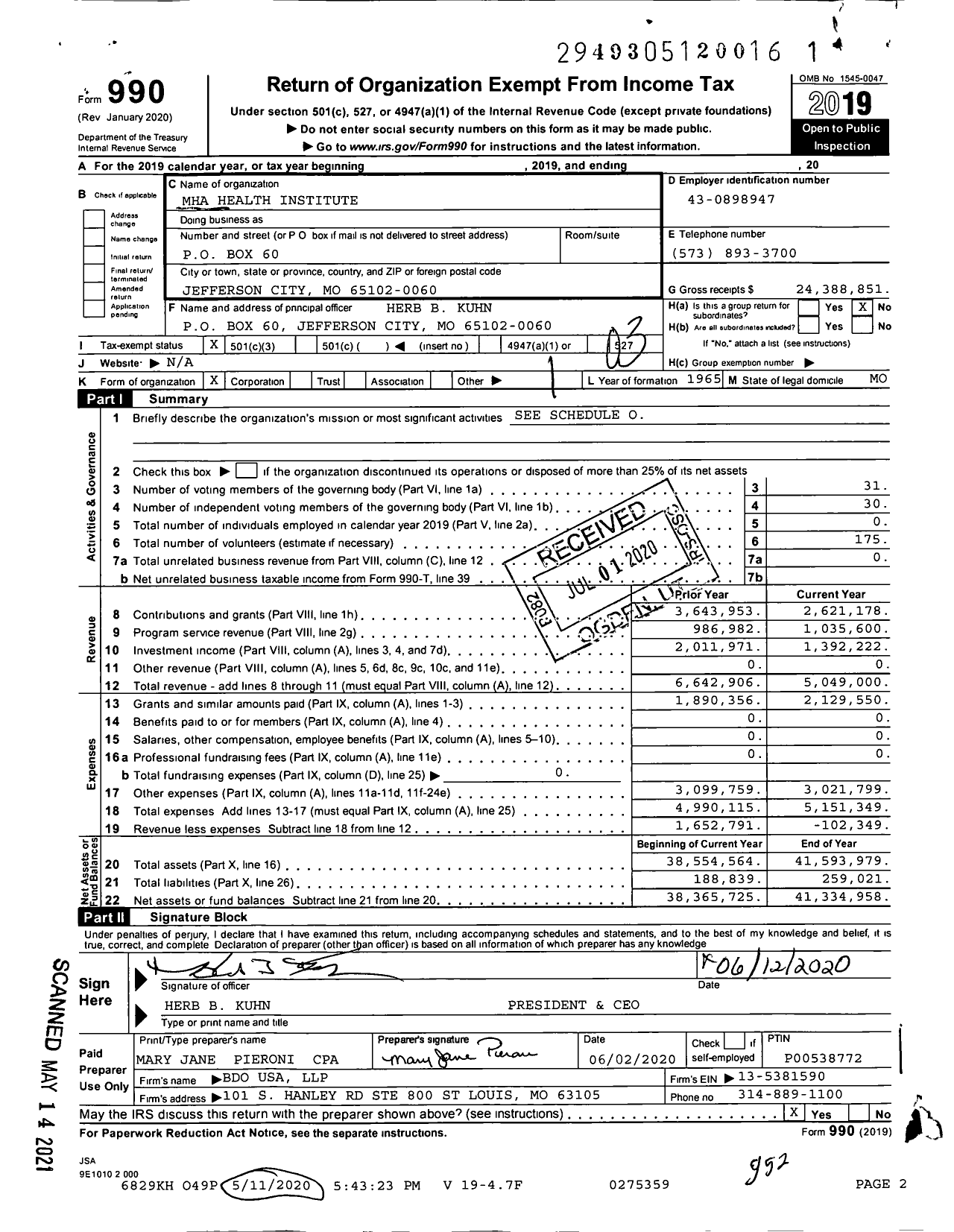 Image of first page of 2019 Form 990 for MHA Health Institute (MHA)