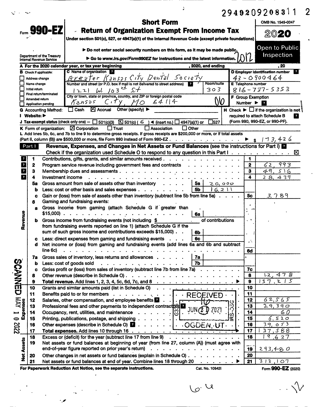 Image of first page of 2020 Form 990EO for Greater Kansas City Dental Society