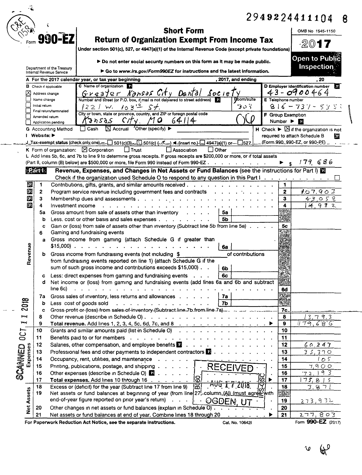 Image of first page of 2017 Form 990EO for Greater Kansas City Dental Society