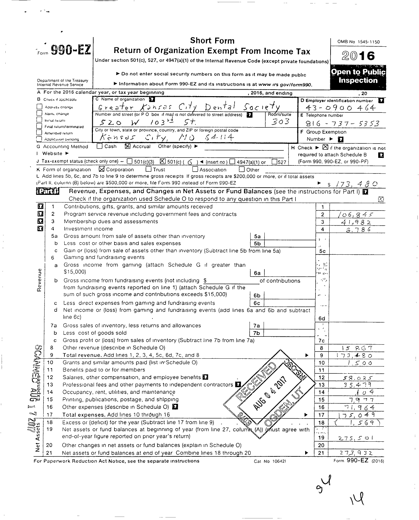 Image of first page of 2016 Form 990EO for Greater Kansas City Dental Society