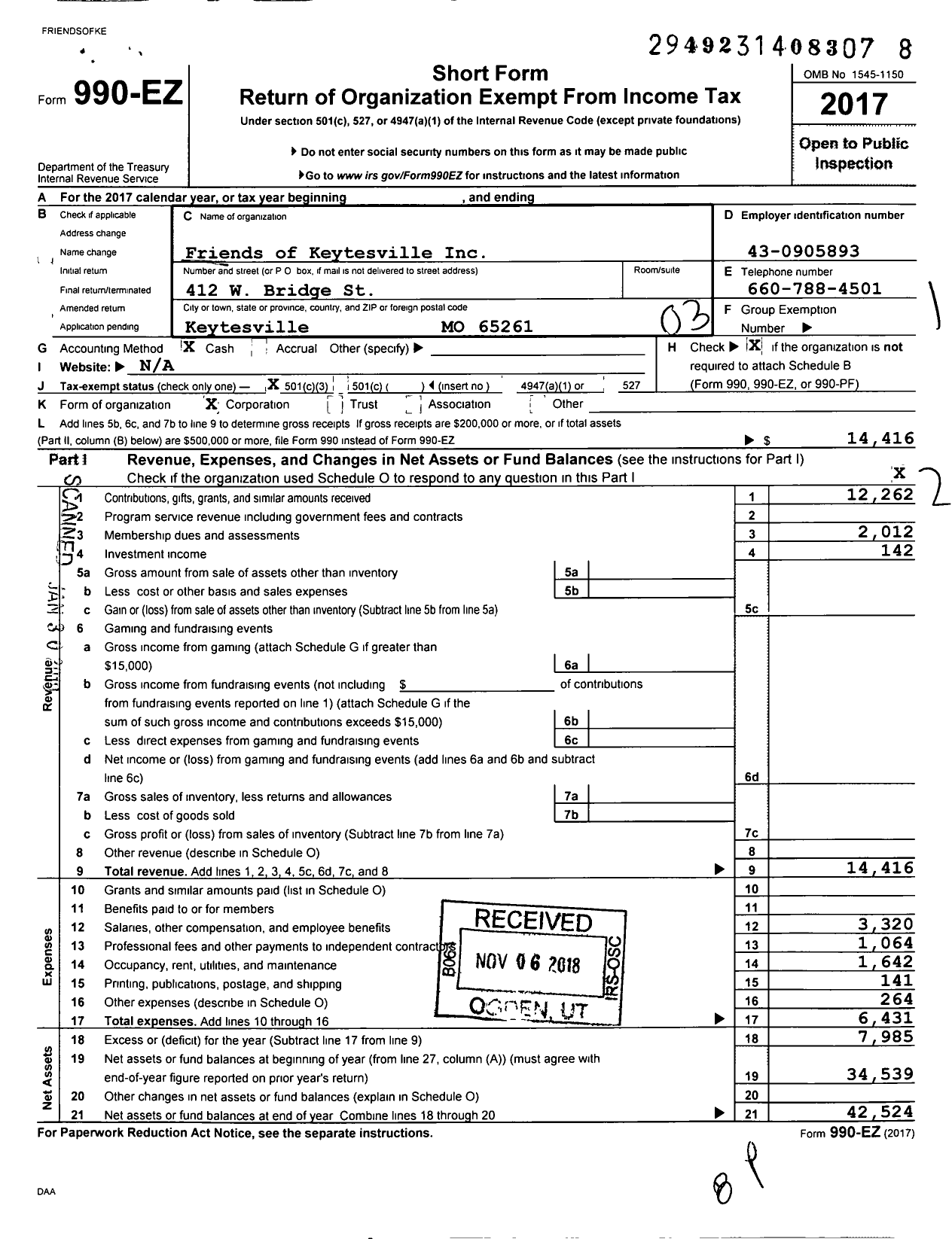 Image of first page of 2017 Form 990EZ for Friends of Keytesville